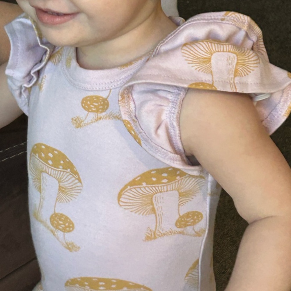 Kate Quinn lavender fairy Baby Romper with Mushroom Print